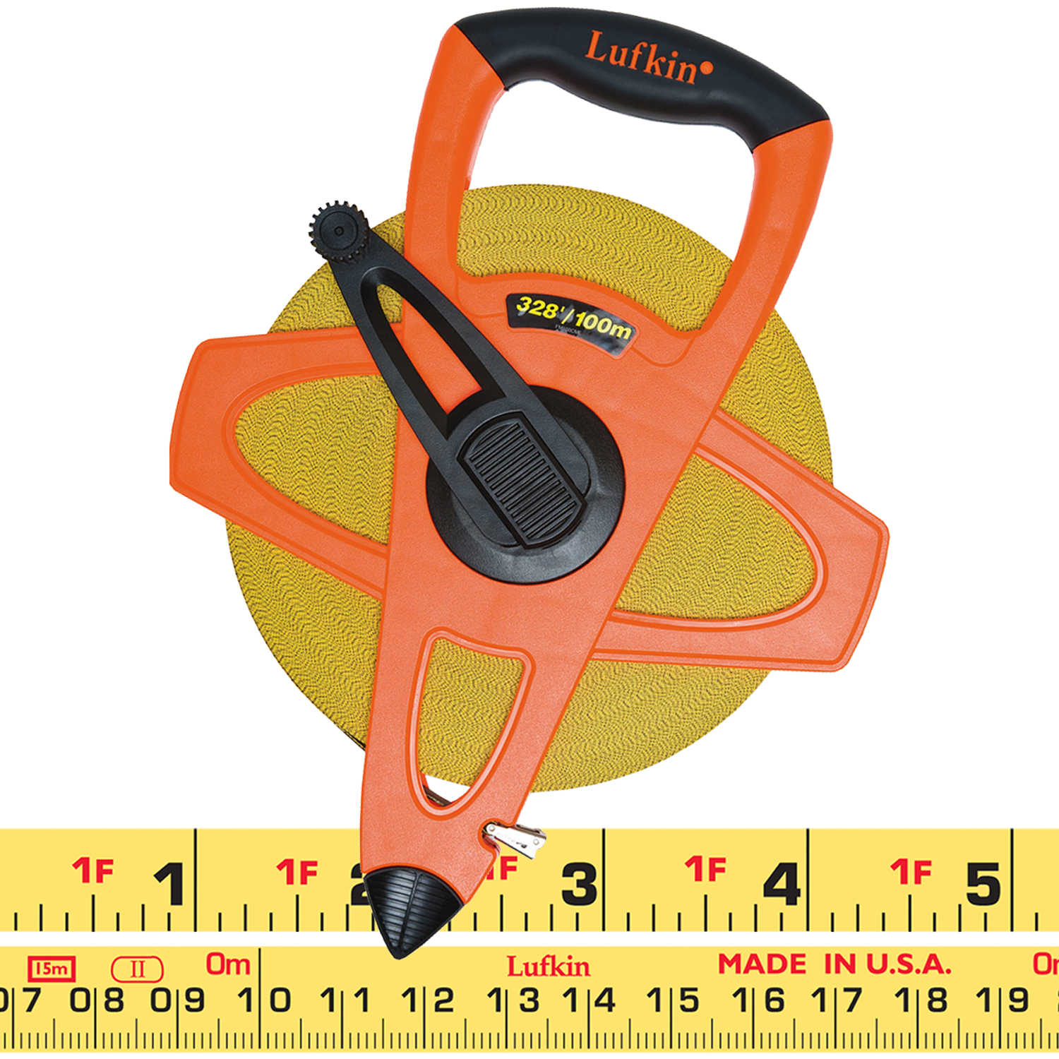 100m Lufkin 328’L Hi-Vis Orange Linear Tape Measure m cm in and 8ths
